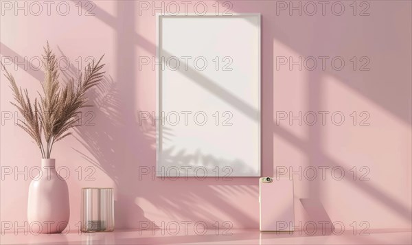 A blank image frame mockup on a soft blush pink wall in a minimalistic modern interior room AI generated