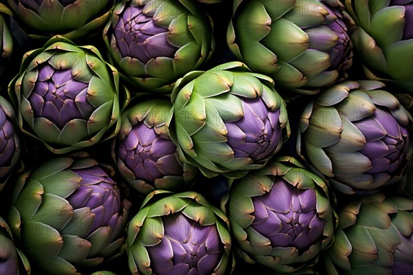 Close up of many artichokes. KI generiert, generiert, AI generated