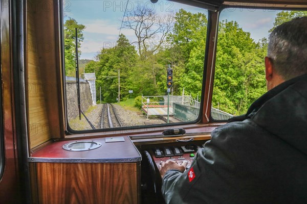 Drachenfelsbahn, Germany's oldest cog railway up the Drachenfels, a mountain in the Siebengebirge mountains above the Rhine between Koenigswinter and Bad Honnef, North Rhine-Westphalia, Germany, Europe