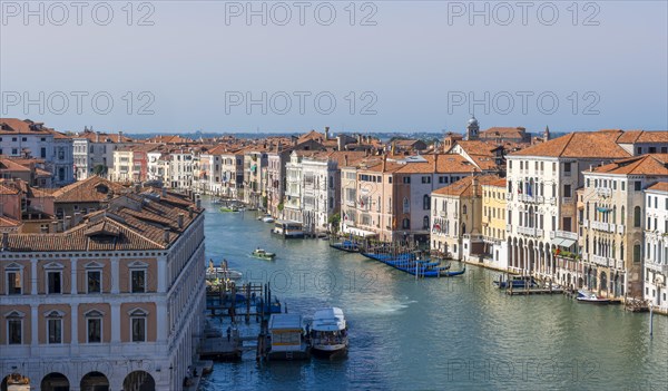 View from the roof of the Fondaco dei Tedeschi, boats on the Grand Canal, Venice, Veneto, Italy, Europe