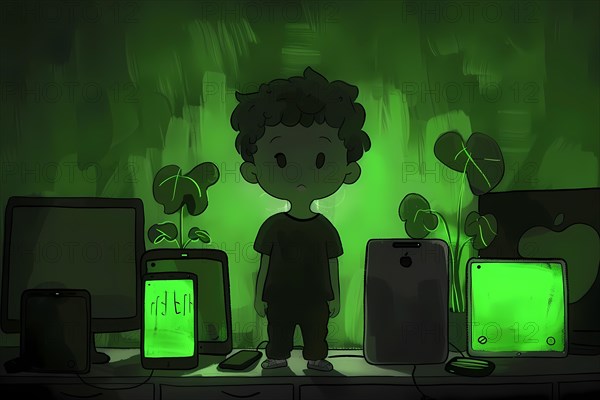 Young boy with various devices glowing in green in a dark bedroom setting, 3D, illustration, AI generated
