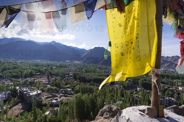 Panorama over Leh and the Indus Valley to the Indian Himalayas, Ladakh, Jammu and Kashmir, India, Asia