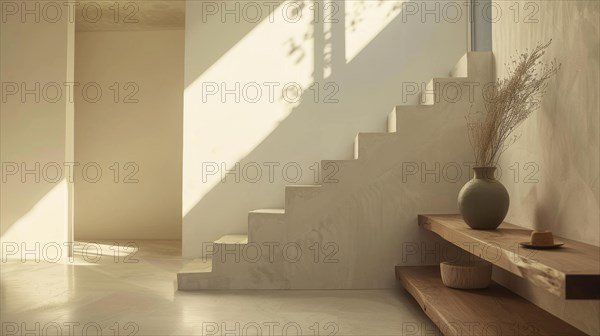 Staircase in a minimalist setting with sunlight casting shadows, dried flowers in a vase nearby, AI generated