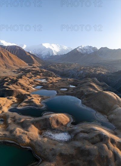 Aerial view, high mountain landscape with glacial moraines and mountain lakes, behind Pik Lenin, Trans Alay Mountains, Pamir Mountains, Osher Province, Kyrgyzstan, Asia