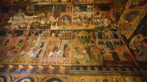 Ancient iconic paintings depicting biblical scenes on wooden panels, Panagia Church, St Mary's Church, Lindos village, Rhodes, Dodecanese, Greek Islands, Greece, Europe