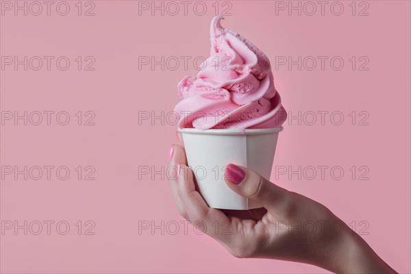 Hand holding pink ice cream in cup. KI generiert, generiert, AI generated