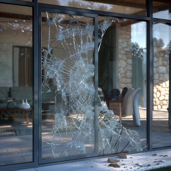 Close-up of a destroyed patio door, with a focus on the pieces of glass, burglary, burglar, home invasion, AI generated