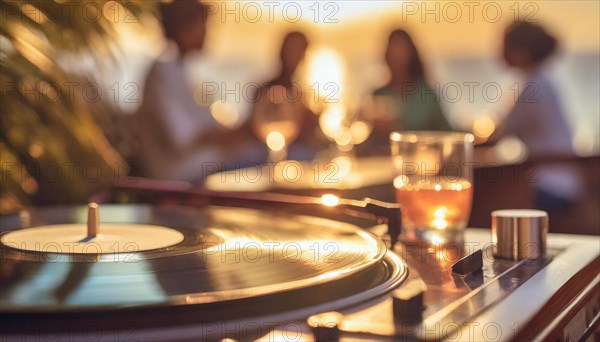 Friends enjoy drinks vinyl record playing together in cozy setting at sunset, bokeh effect ai generated, AI generated