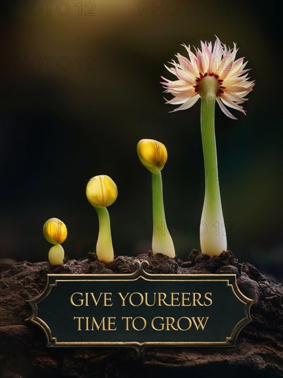 Flowers emerging from soil beside a sign with an inspirational message on a dark background, AI generated