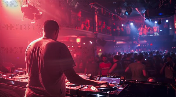 DJ is playing modern electronic music at a popular nightclub, AI generated