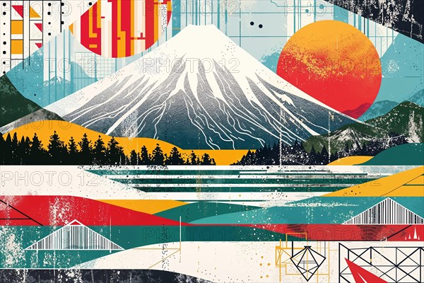 A tranquil landscape with the majestic Mount Fuji towering in the distance, flanked by geometric patterns and abstract shapes inspired by Japanese style and embodying a harmonious interplay of nature and human creativity, Japan, AI generated, AI generated, Asia