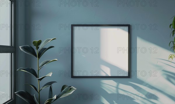 A blank image frame mockup on a pale gray-blue wall in a minimalistic modern interior room AI generated