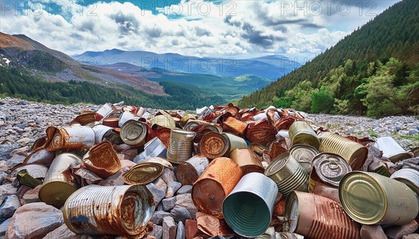 Symbol photo, many empty tin cans, partly crushed, rusty, dirty, lying in the landscape, AI generated, AI generated