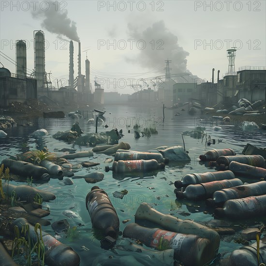 Industrial area in fog with polluted water and protruding barrels, environmental pollution, environmental protection, AI generated