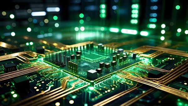 AI generated close up of a computer board featuring a prominent microchip