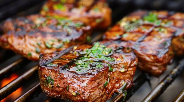 Delicious juicy beef steak is being grilled on a hot grill with flames and smoke surrounding it, AI generated