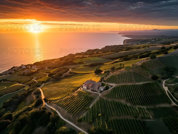 AI generated aerial view of a coastal vineyard with ocean in the background in ambient light