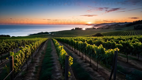 AI generated panoramic view of a coastal vineyard with ocean in the background in ambient light