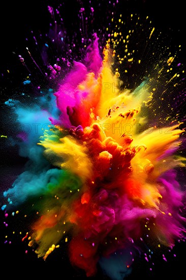 Rainbow-colored holi powder explosively dispersing against a black background, AI generated