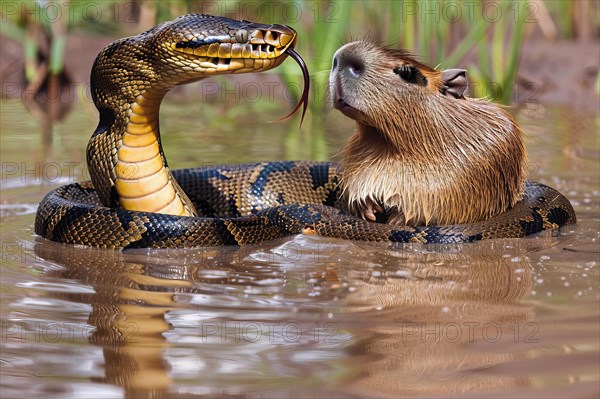 Large anaconda chasing a capybara, AI generated