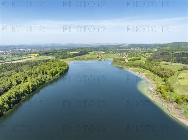 Aerial view of Lake Mindelsee, a glacial tongue lake on the Bodanrueck, with the Hegau Mountains on the horizon, district of Constance, Baden-Wuerttemberg, Germany, Europe