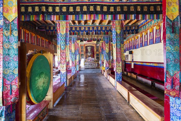 Dukhang, prayer and meeting room, Diskit Monastery, near Hunder, Nubra Valley, Ladakh, Jammu and Kashmir, Indian Himalayas, North India, India, Asia