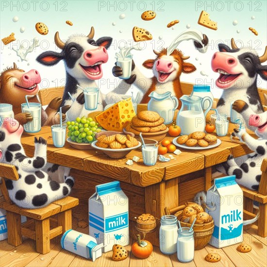 Illustrated scene of cheerful cartoon cows sitting around a wooden table, merrily indulging in various dairy products like milk, cheese, and cookies against a clear blue background, AI generated