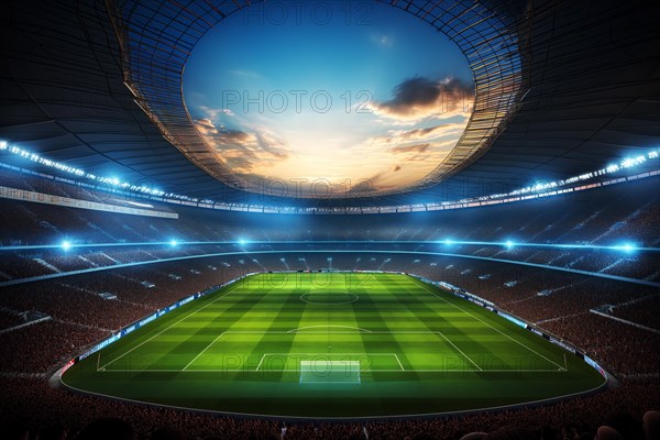 A soccer field with a large crowd of people spectators fans watching the game on sunset. The stadium is lit up with bright flood spotlights ready for a match game, AI generated