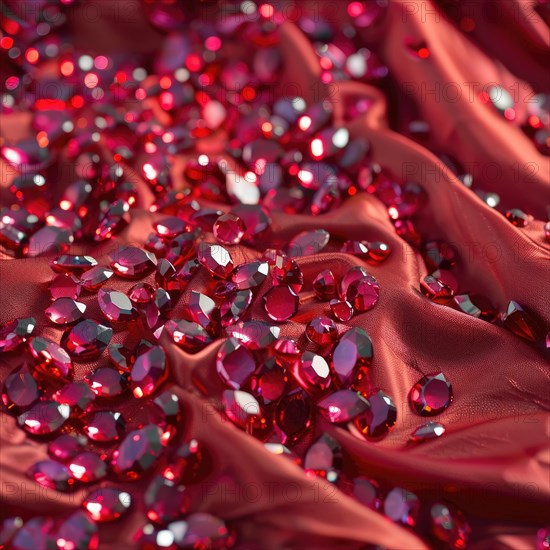 Seamless pattern of glistening rubies scattered across a rich red fabric AI generated