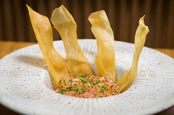 PERUVIAN FOOD. Spiced Salmon Ceviche with Chives and Lime on a white plate served with Fried Sweet Potato Wedges