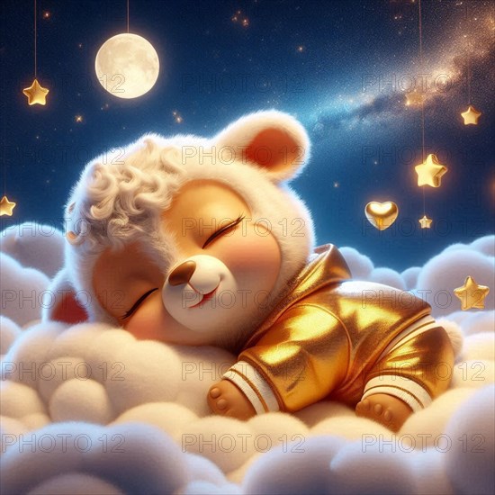 Blissful animated bear cub in a golden jacket sleeping on clouds with stars and a moon above, AI generated