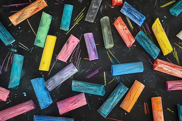 Top view of colorful chalk pieces on black chalkboard. KI generiert, generiert, AI generated