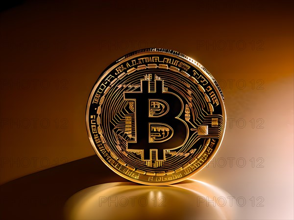 Symbol image for Bitcoin, cryptocurrency, close-up, golden coin in front of blurred background, AI generated, AI generated, AI generated