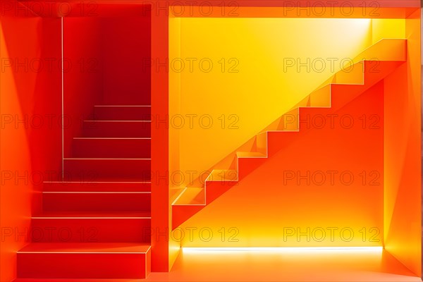 AI generated minimalist architectural shot of orange walls intersecting around a modern stairway