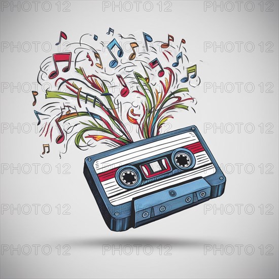 Graphic illustration of a cassette tape with a colorful music note explosion, AI generated