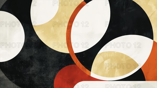 Bold abstract with high contrast between black, white, and gold circles on a geometric background, AI generated