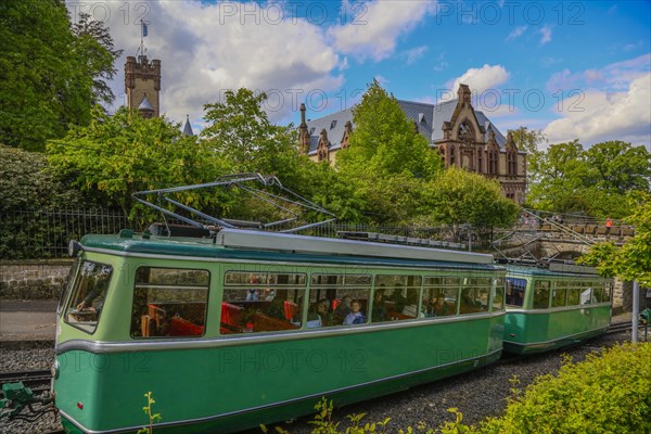 Drachenfelsbahn, Germany's oldest cog railway up the Drachenfels, a mountain in the Siebengebirge above the Rhine, Drachenburg Castle station, between Koenigswinter and Bad Honnef, North Rhine-Westphalia, Germany, Europe