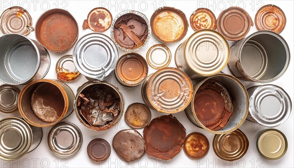 Symbol photo, many empty tin cans, partly crushed, rusty, dirty, on a white background, AI generated, AI generated