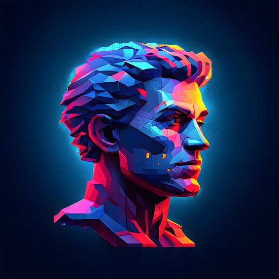 AI generated male human head digitalised in pixel art style presenting a mosaic of vibrant hues in neon glow