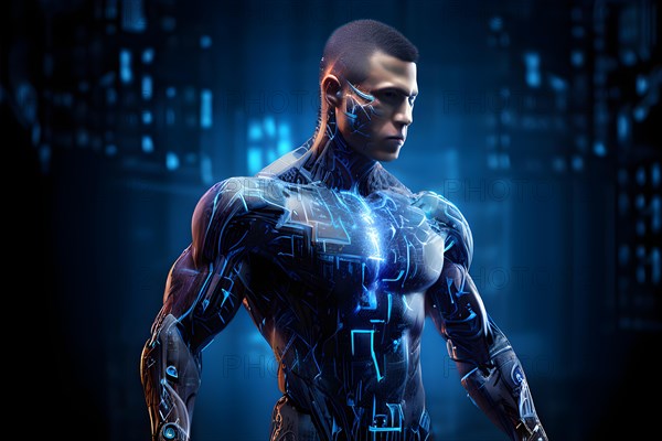 AI generated cybernetic male figure composed of fluid computer code symbolizing artificial intelligence