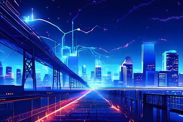 Ai generated conceptual illustration of a neuronal network with city skyline in the background in blue colors, AI generated