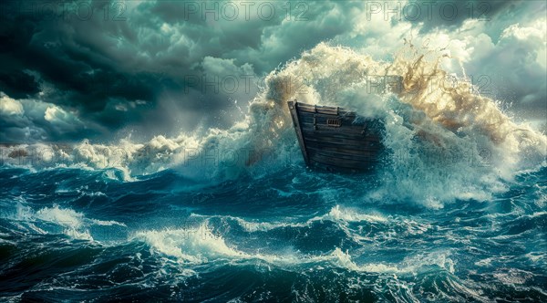 Noah Ark is in the water with a group of people and animals on it, AI generated