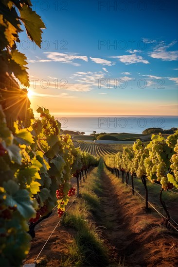 AI generated close up view of a coastal vineyard with ocean in the background in ambient light