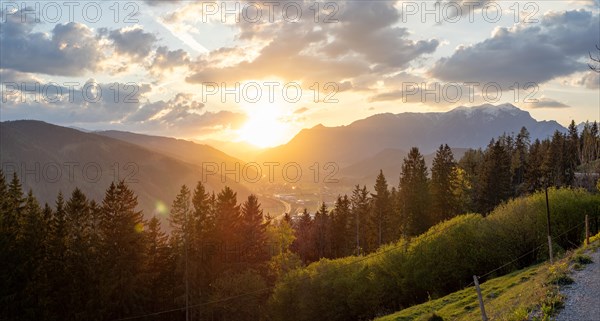 Sunset over the Liesingtal, in the evening light the village Kraubath, Schoberpass federal road, panoramic view, view from the lowlands, Leoben, Styria, Austria, Europe