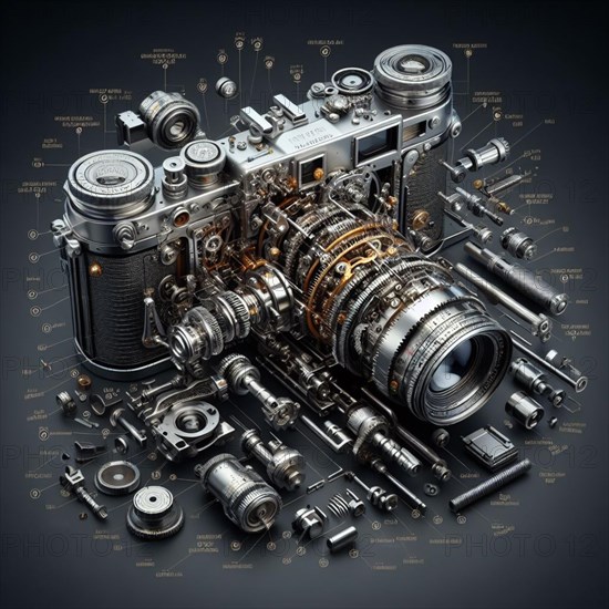 Detailed exploded view of a vintage camera and various lenses, showcasing all components on a dark background, ideal for conceptual and educational uses related to photography and engineering, AI generated