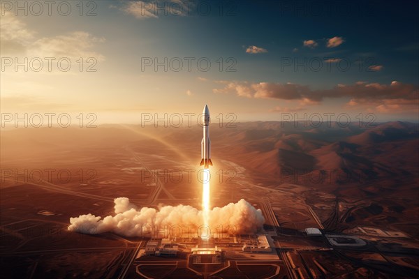 Aerial view of a rocket launch at sunrise sunset over an ocean coast. The rocket is blasting off with a trail of smoke and flames behind it, AI generated