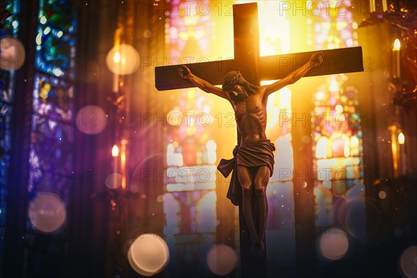 Crucifix with Jesus Christ on cross in church with light coming through stained glass windows, symbol of christian faith religion, AI generated