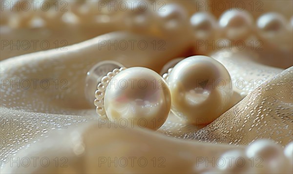Pair of pearl drop earrings delicately arranged on a smooth satin material background AI generated
