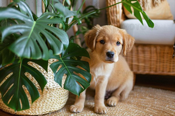 Dog puppy sitting next to tropical houseplants. KI generiert, generiert, AI generated