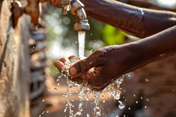 Black person's hand catching water in cupped hand. KI generiert, generiert, AI generated